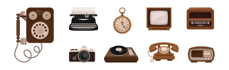 Retro Electronic Device with Telephone, Camera, Clock, Television and Typewriter Vector Set