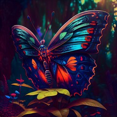 Fototapeta na wymiar psychedelic butterfly, trippy buterfly with colorful wings, dreamy jungle in background, realistic, 4k