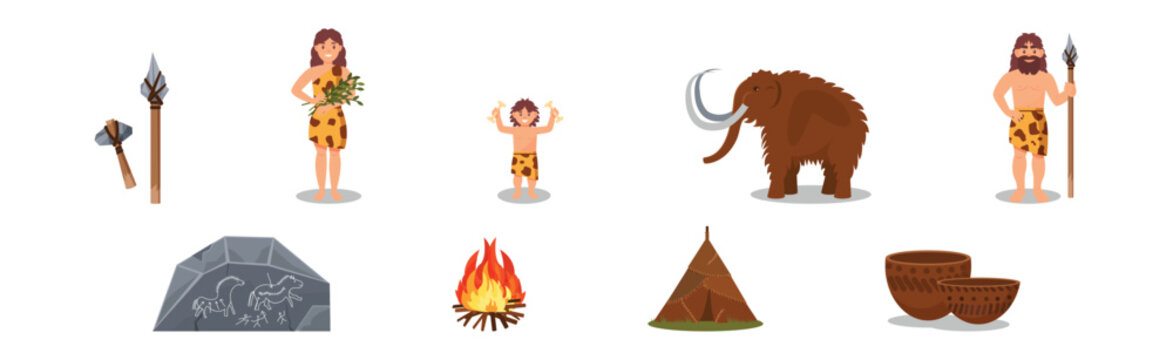 Stone Age People and Objects with Fire, Mammoth, Tent, Cave, Bowl and Weapon Vector Set