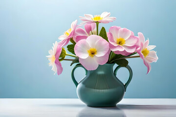 Primrose arrangement in a vase on a light blue background