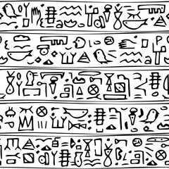 Ancient hand-drawn black line seamless pattern with Hieroglyphs symbols of people, animals and abstract signs similar to Egyptian on white background