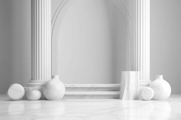3d rendering empty marble podium with white row of white pillars. Abstract scene for product displayr, generative ai