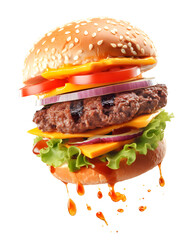 Flying big hamburger on white background, fast food concept, realistic 3D illustration, generative ai