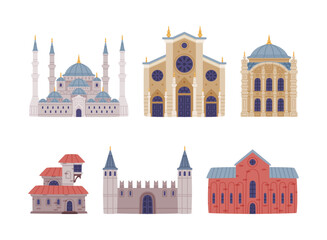 Turkey Building with Mosque, House Exterior and Stone Construction Vector Set