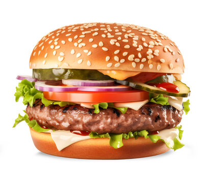 Big Hamburger On White Background, Fast Food Concept, Realistic 3D Illustration, Generative Ai