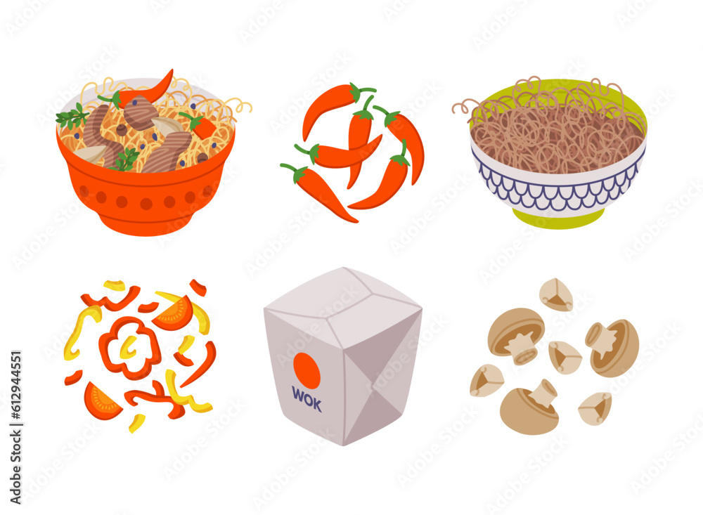 Sticker Different Wok Asian Food Ingredient Vector Illustration Set