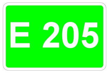 Illustration eines Europastraßenschildes der E 205 in Europa	