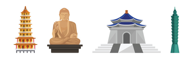 Chinese Country Landmark with Building and Buddha Statue Vector Illustration Set