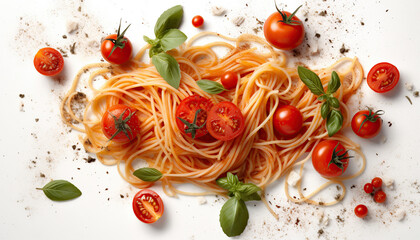 Comida típica italiana. Espaguetis con tomate, queso y albahaca sobre un fondo blanco.Ai generado.