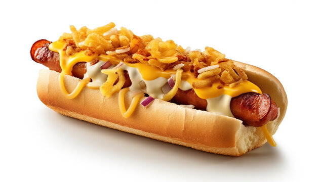 Comida tradicional americana. Perrito caliente con cebolla y salsas sobre fondo blanco.Ai generado.