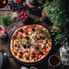 Ingredientes alimentarios y especias para cocinar pizza. pizza italiana sobre fondo negro. Vista superior.Ambiente elegante y encanto rustico.IA generada.