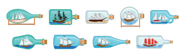 Corked Glass Bottle with Ship Miniature Inside Vector Set