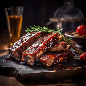 Productos de carnicer&iacute;a gourmet.Costillas de cerdo a la brasa con salsa barbacoa. Ambiente elegante, encanto rustico, iluminaci&oacute;n suave de ensue&ntilde;o, emplatado profesional.