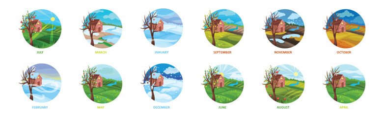 Different Season Months with Nature Landscape Vector Set