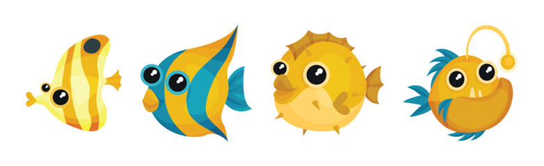 Cute Striped Fish and Blowfish as Sea Animal Floating Underwater Vector Set