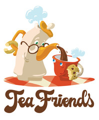 Tea party invitation design with funny teapot and cup