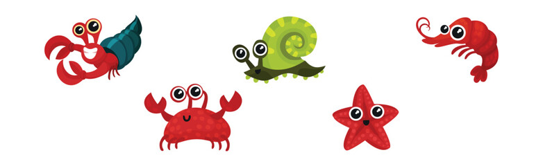 Cute Crab, Shrimp, Lobster, Starfish and Snail as Sea Animal Floating Underwater Vector Set