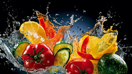 Naklejka na ściany i meble Stop Motion Nature's Palette: A Breathtaking Symphony of Color and Freshness as Vibrant Vegetables Dance in Playful Harmony, Creating Ripples of Joy in Refreshing Splashes of Water