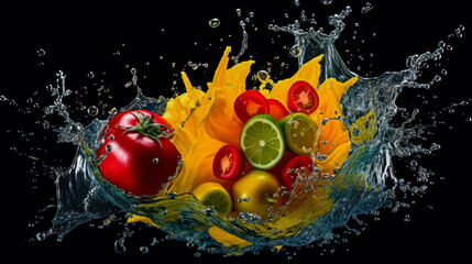 Stop Motion Nature's Palette: A Breathtaking Symphony of Color and Freshness as Vibrant Vegetables Dance in Playful Harmony, Creating Ripples of Joy in Refreshing Splashes of Water