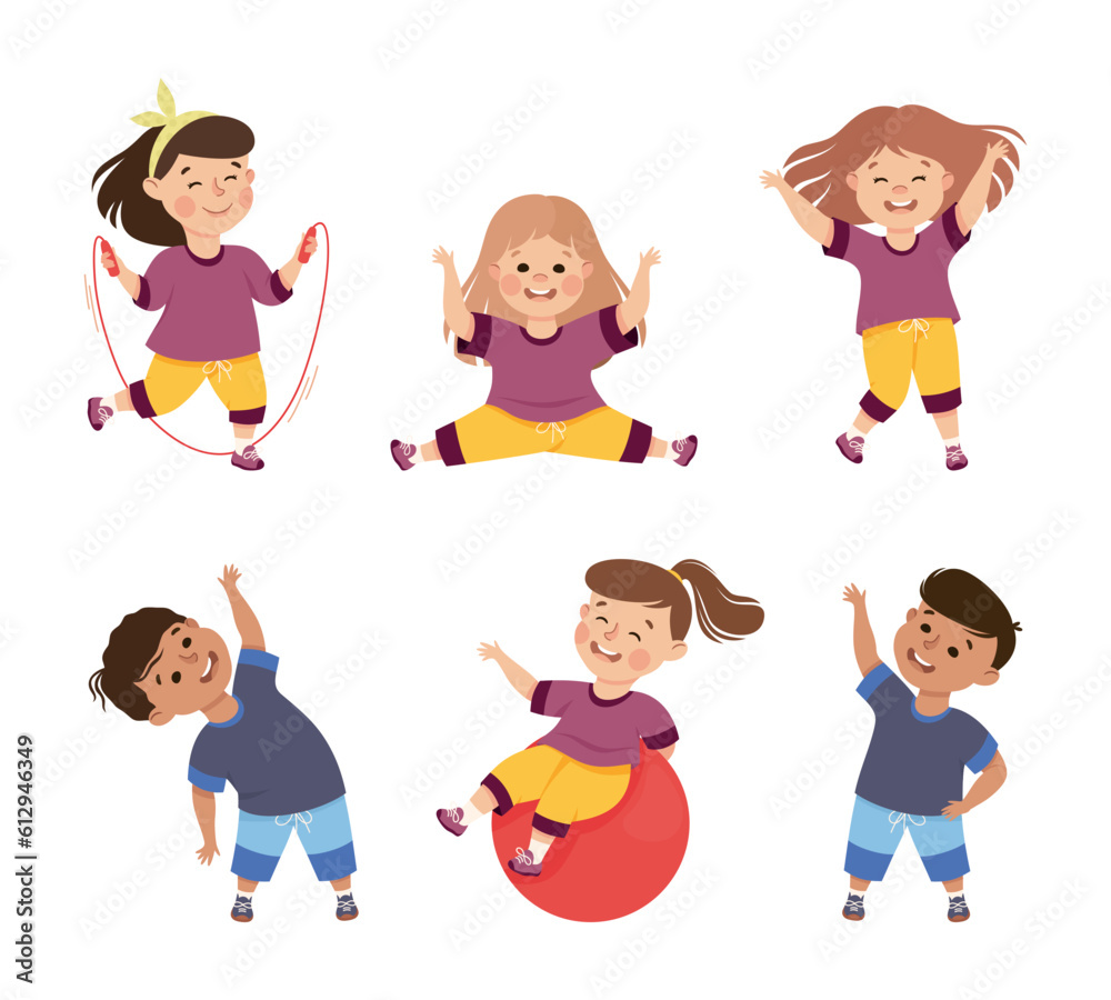 Sticker children engaged in physical education doing various sports during class at school vector illustrati