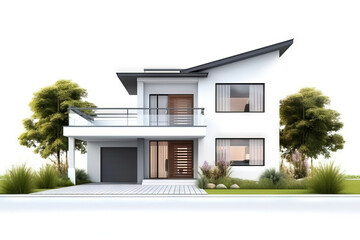 front view of a modern house with garage and trees