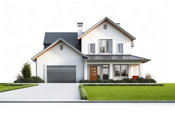 front view of a modern house with front lawn and garage - obrazy, fototapety, plakaty