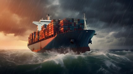 cargo ship in storm at sea
