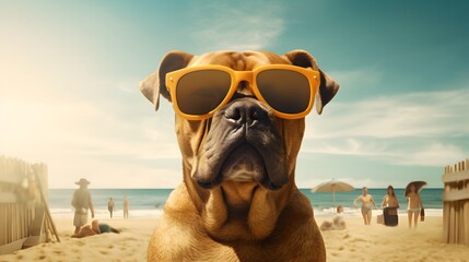 Fototapeta na wymiar Dog wearing Sunglases at the beach. AI Generated.