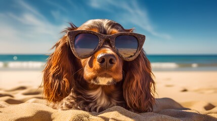 Dog wearing Sunglases at the beach. AI Generated.