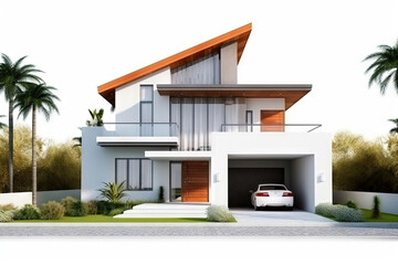 front view of a modern house with front lawn and garage