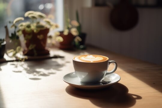 Hot latte art cofffee cup on wooden background. Generative AI