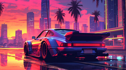 Obraz na płótnie Canvas Sports car looking at city skyline, Retro cyberpunk, Generative AI