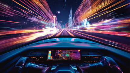 traffic in the city, Car dashboard retro, cyberpunk , Generative AI