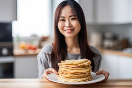 A woman eating pancakes with syrup in cafe, AI Generative