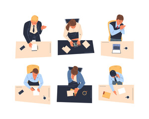 Man and Woman Office Employee Sitting at Table as Workplace Top View Vector Set