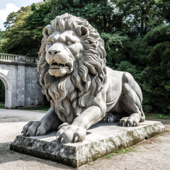 A sculpture of a majestic lion stands tall, carved from granite. - generative ai.