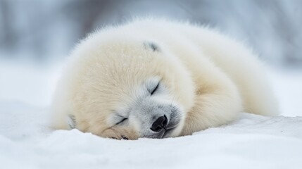 Obraz na płótnie Canvas a baby polar bear sleeping on a snowy surface with its eyes closed. generative ai