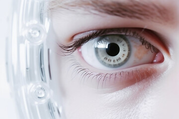 Futuristic smart intelligence contact lenses, close up of woman eyes, white on white composition, ofhtalmologist banner. AI Generative