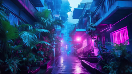 Night city lights. Neon urban future. Rainy and foggy Futuristic city in a cyberpunk style. Photorealistic Generative AI illustration. Futuristic buildings with neon lights.
