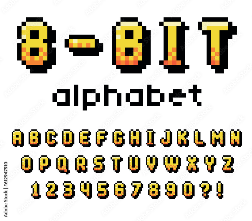 Poster pixel 8 bit font and alphabet letters and numbers vector set