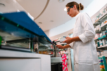 Woman at the checkout in a pharmacy to sell a drug