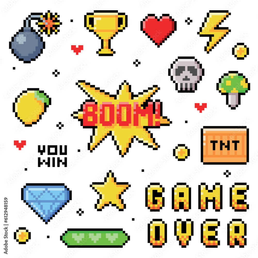 Poster Pixel 8-bit Objects and Video Game Style Element Vector Set