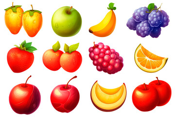 set fruits in cartoon style for video game isolated on white background, AI Generative AI - obrazy, fototapety, plakaty