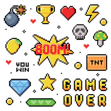 Pixel 8-bit Objects and Video Game Style Element Vector Set