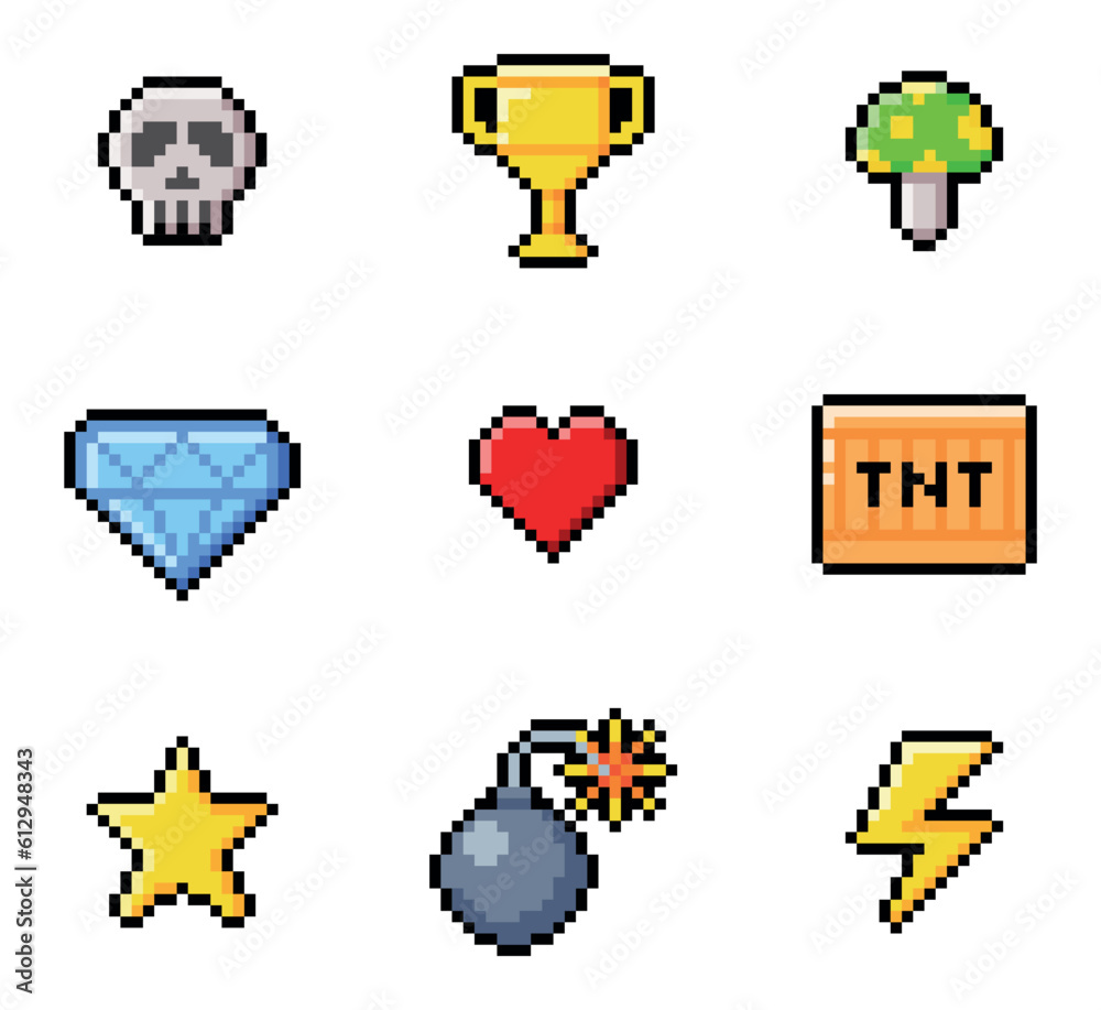 Poster Pixel 8-bit Objects and Video Game Style Element Vector Set