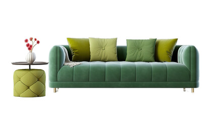 Green sofa with pillow and table. set of decor items furniture isolated on transparent or white background