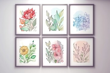 Set of hand drawn  illustrations of flowers and plants in pastel colors. Generative AI.
