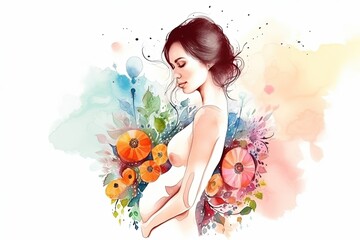 Beautiful pregnant young woman with flowers. Watercolor painting. Generative AI.