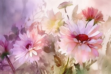 Watercolor painting of chrysanthemum flowers. Summer pattern, banner template. Generative AI.
