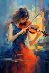 Fototapeta premium Beautiful Woman Playing Violin, Oil Painting - Generative AI